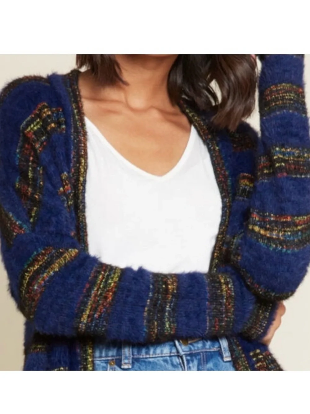MODCLOTH Color &  Character Eyelash Open Front Striped Cardigan Sweater M